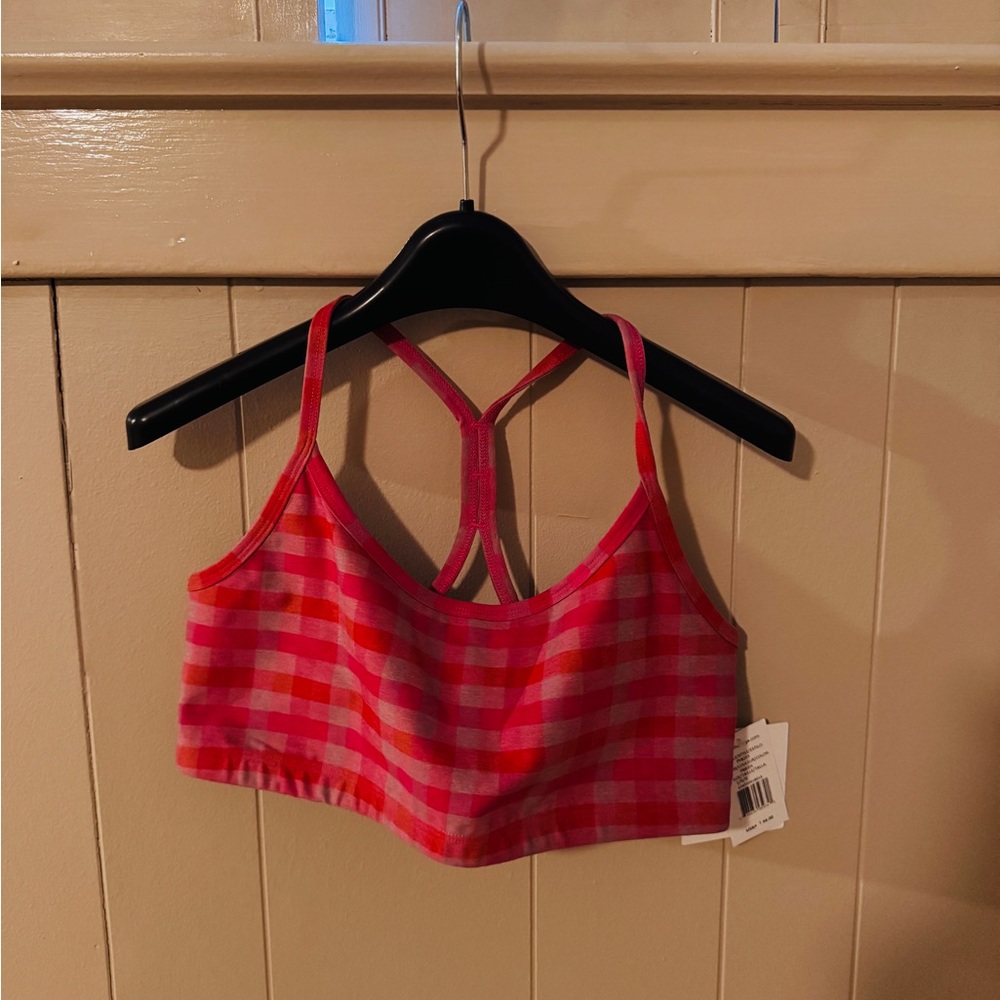Beyond Yoga Red and Pink Checkered Sports Bra